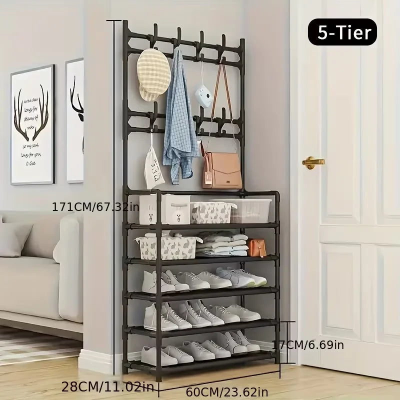 Metal Coat And Shoe Rack With Hooks, 5-Tier Organizer