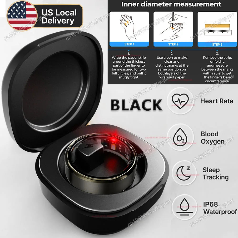 Smart Ring Health Tracker – Heart Rate & Blood Oxygen Monitor, Sleep Tracking Fitness Ring, Menstrual Cycle Tracker for Women, IP68 Waterproof, US Warehouse Fast Shipping