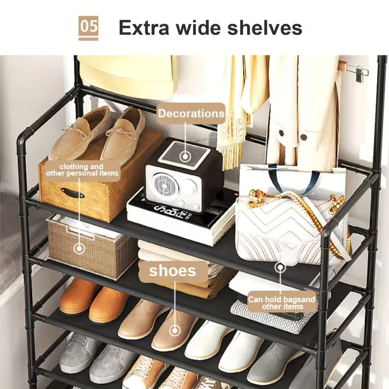 Metal Coat And Shoe Rack With Hooks, 5-Tier Organizer
