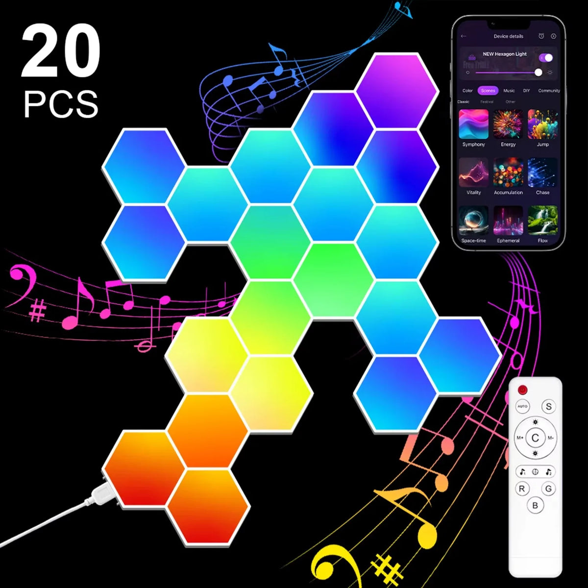 3/8/12/20pcs Smart Color RGB Hexagonal Panel APP/remote Control Dual, USB Power Supply, Music Rhythm DIY for Room Atmosphere