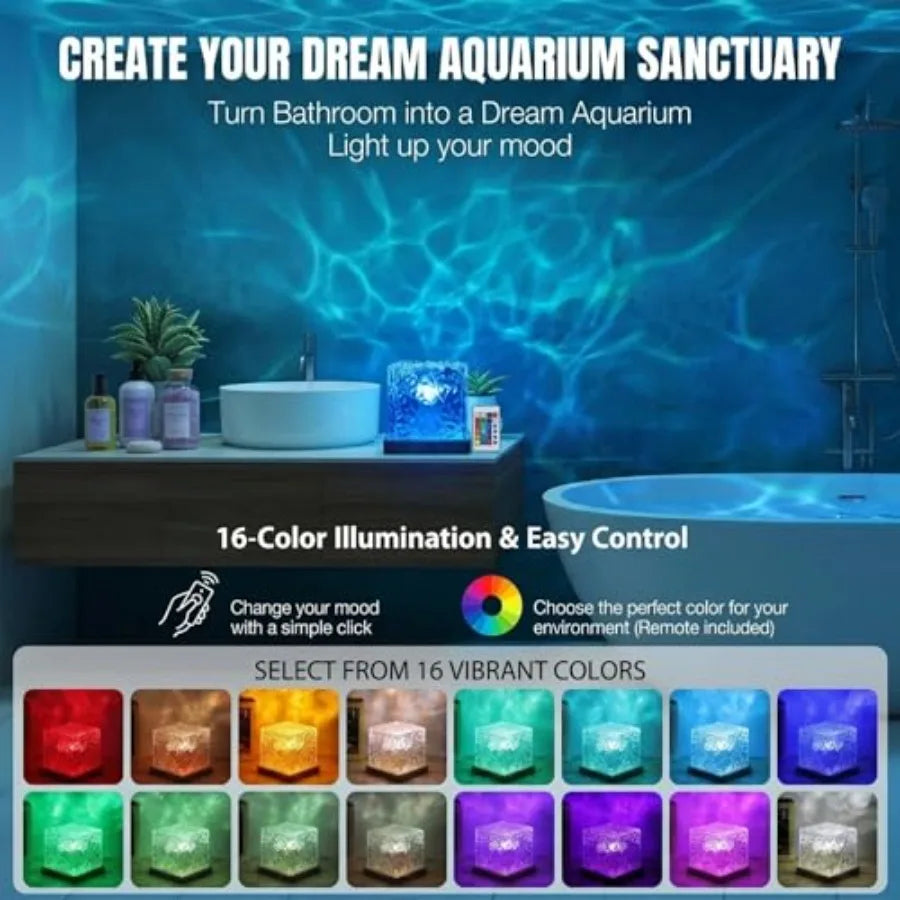 Rechargeable Ocean Wave Projector Light, 16 Color Changeable and Dimmable Shower Lamp with Remote, Cube Mood Ambient Lighting,