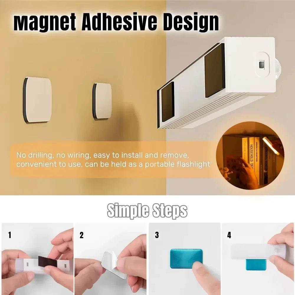 LED Motion Sensor Light Wireless USB Rechargeable Night Light Portable Induction Lamp for Cabinet Wardrobe Staircase