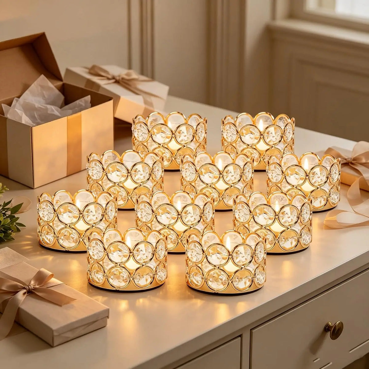 12 Pcs Gold Crystal Tea Light Candle Holders for Wedding Table Centerpieces Votive Candle Holders Set Bulk for Party Christmas Home Dining Decor