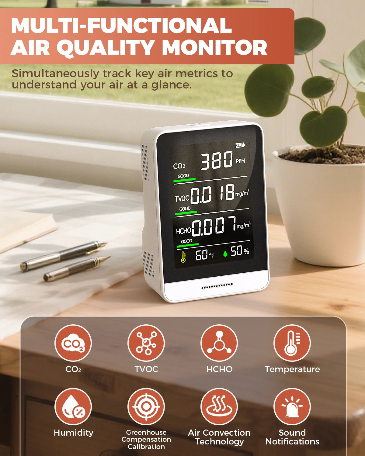 Indoor Air Quality Monitor With CO2 HCHO And TVOC Testing