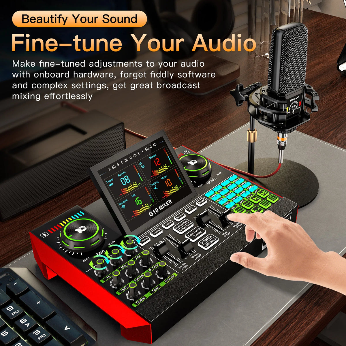 Tenlamp 6 Channel Live Sound Card Audio Mixer with 3.5mm Mic XLR Gaming Interface, G10-PKPRO Podcast Equipment Bundle Kit RGB DJ Effects for PC Smartphone Laptop Singing Streaming Recording YouTube Vlog