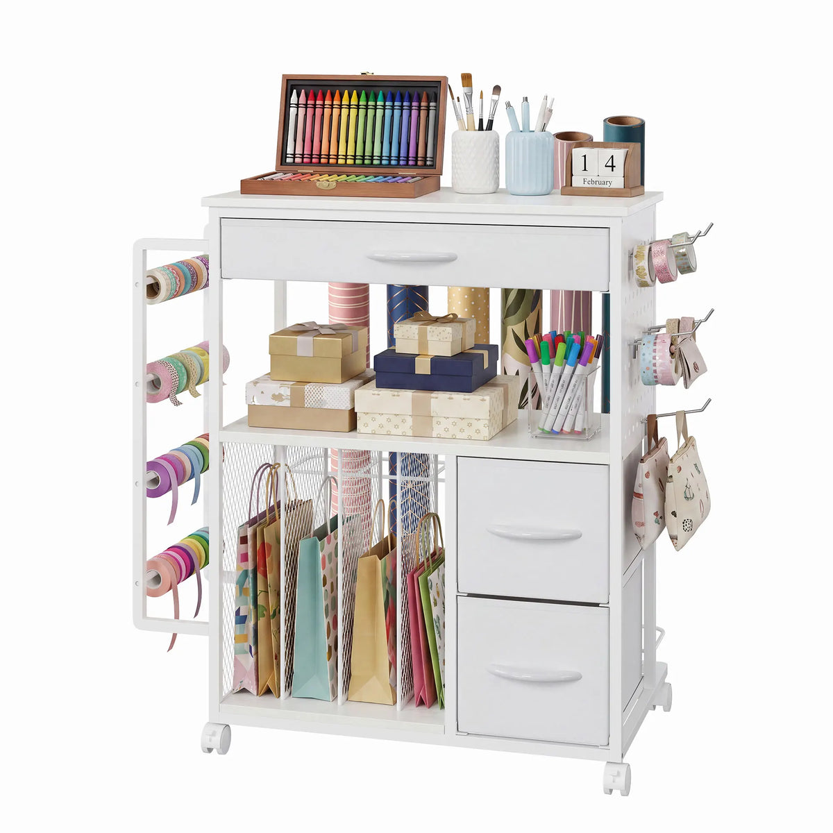Wrapping Paper Storage Cart 3 Tier With 3 Fabric Drawers And Ribbon Spool Holder Mobile Gift Wrap Organizer Black White For Craft Room Closet