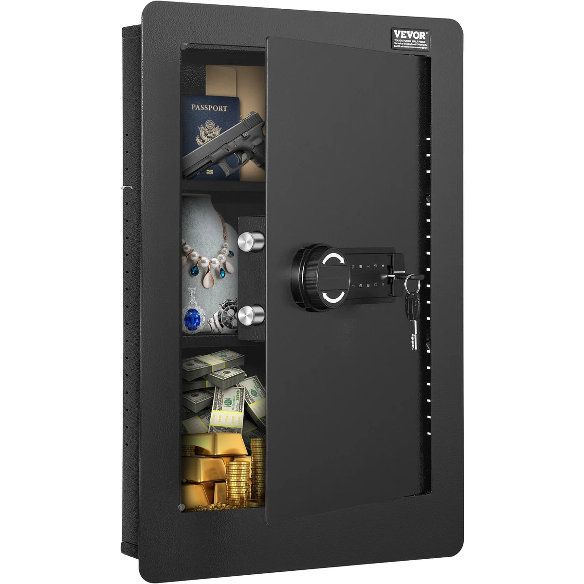 SucceBuy Tall Wall Safe 3/4-Tier Hidden Wall Safe w/ Keypad Q235 Cold-Rolled Steel In Wall Safe for Money Jewelry Passport Home