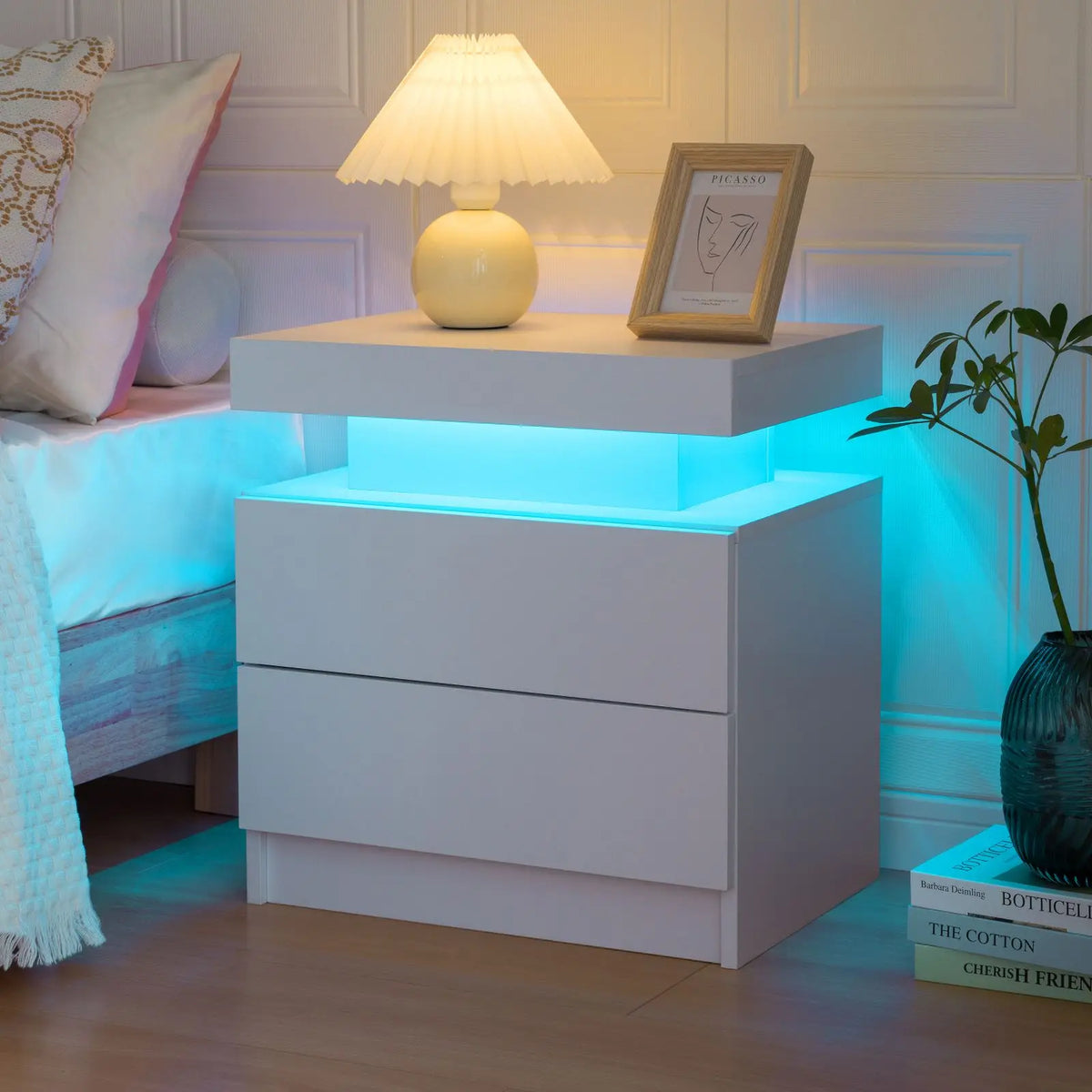 Cubehom LED Nightstands with 2 Drawers, End Table with RGB LED Lights for Bedroom Living Room, White Bedside Table