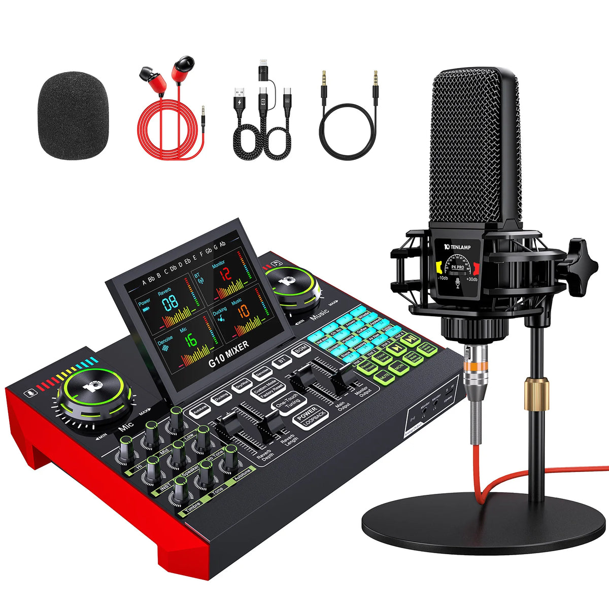 Tenlamp 6 Channel Live Sound Card Audio Mixer with 3.5mm Mic XLR Gaming Interface, G10-PKPRO Podcast Equipment Bundle Kit RGB DJ Effects for PC Smartphone Laptop Singing Streaming Recording YouTube Vlog