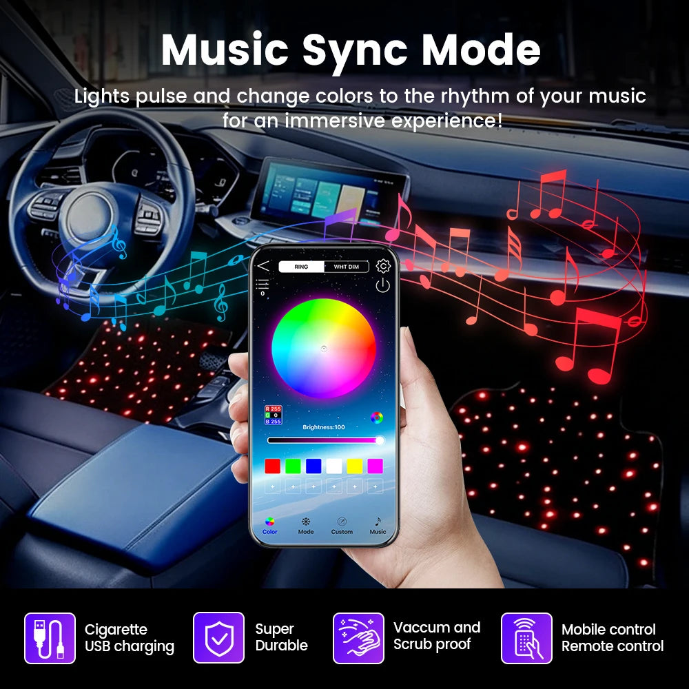 Starlight Car Floor Mat Set with RGB Lights, Multi-Color Starlight Effect, App-Controlled Anti-Slip Car Carpet for SUV, Truck, and Sedan, Black