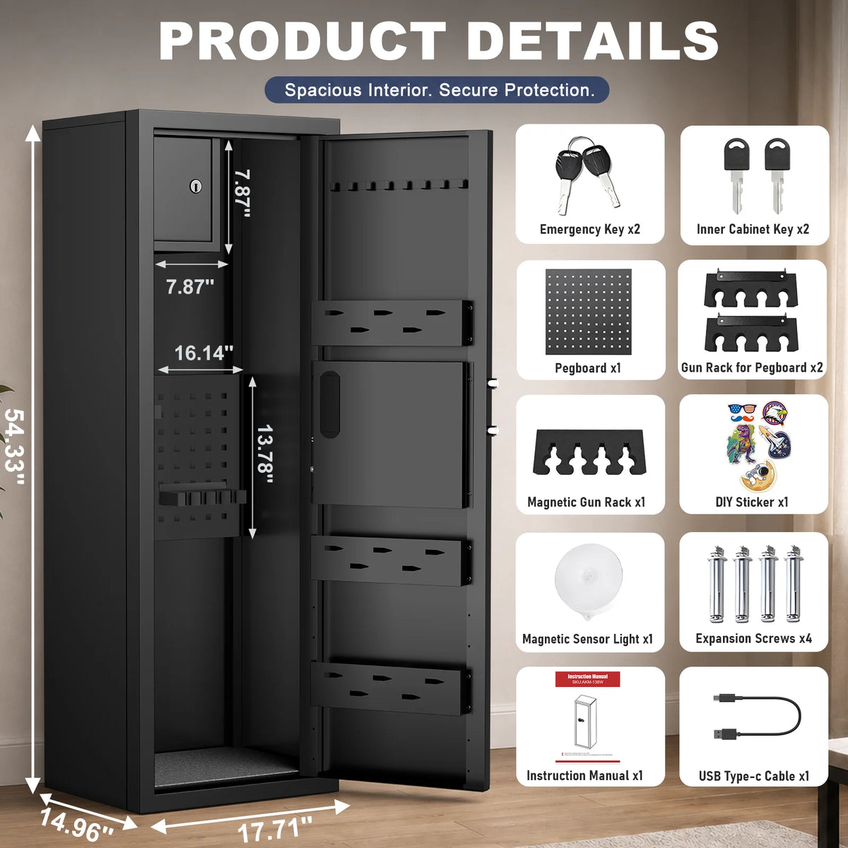 7-9 Large Unassembled Gun Safe for Shotguns,Fingerprint Gun Cabinet for Pistols with Dual Alarm and Mute Mode, Long Gun Safe with Touchscreen Pad, Removable Shelves