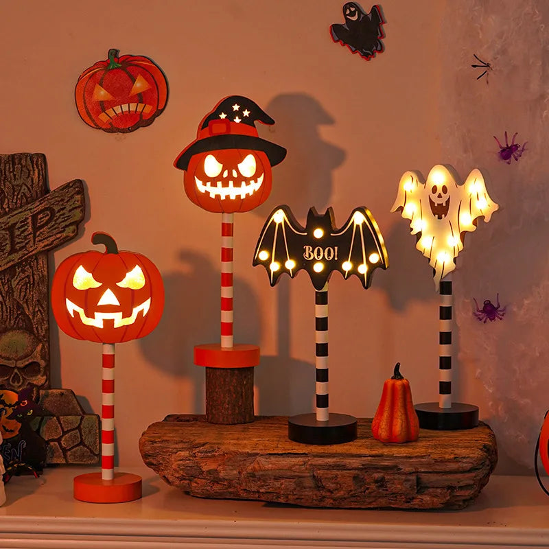 Halloween Decorative Night Lights -Wooden Pumpkin Ghost Bat Skull Lamps, Exquisite Workmanship, Spooky Halloween SceneDecor, Indoor Outdoor Universal Style Night lights for Home Party Yard