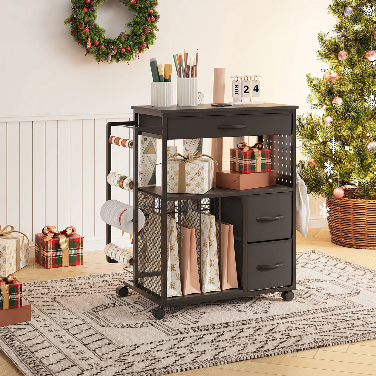 Wrapping Paper Storage Cart 3 Tier With 3 Fabric Drawers And Ribbon Spool Holder Mobile Gift Wrap Organizer Black White For Craft Room Closet