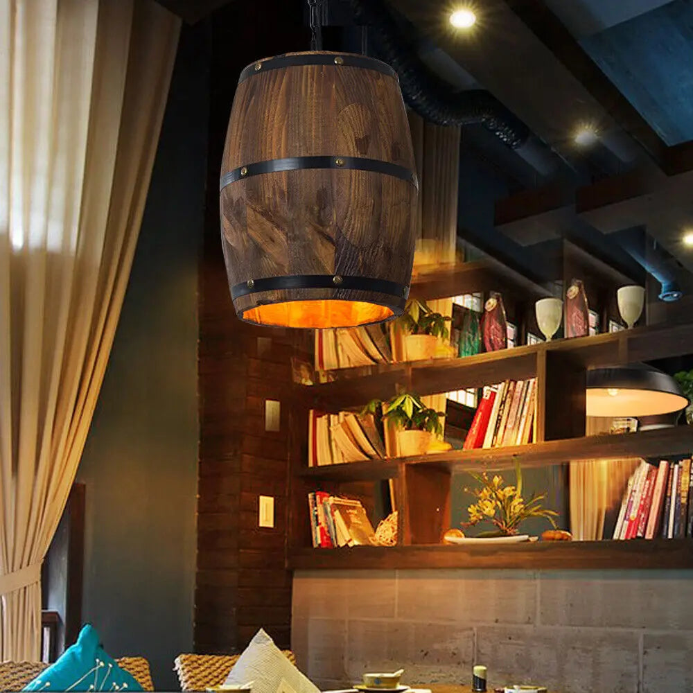Hanging Vintage Wine Barrel Light Wooden Rustic Old West Cafe Bar Ceiling Lamp