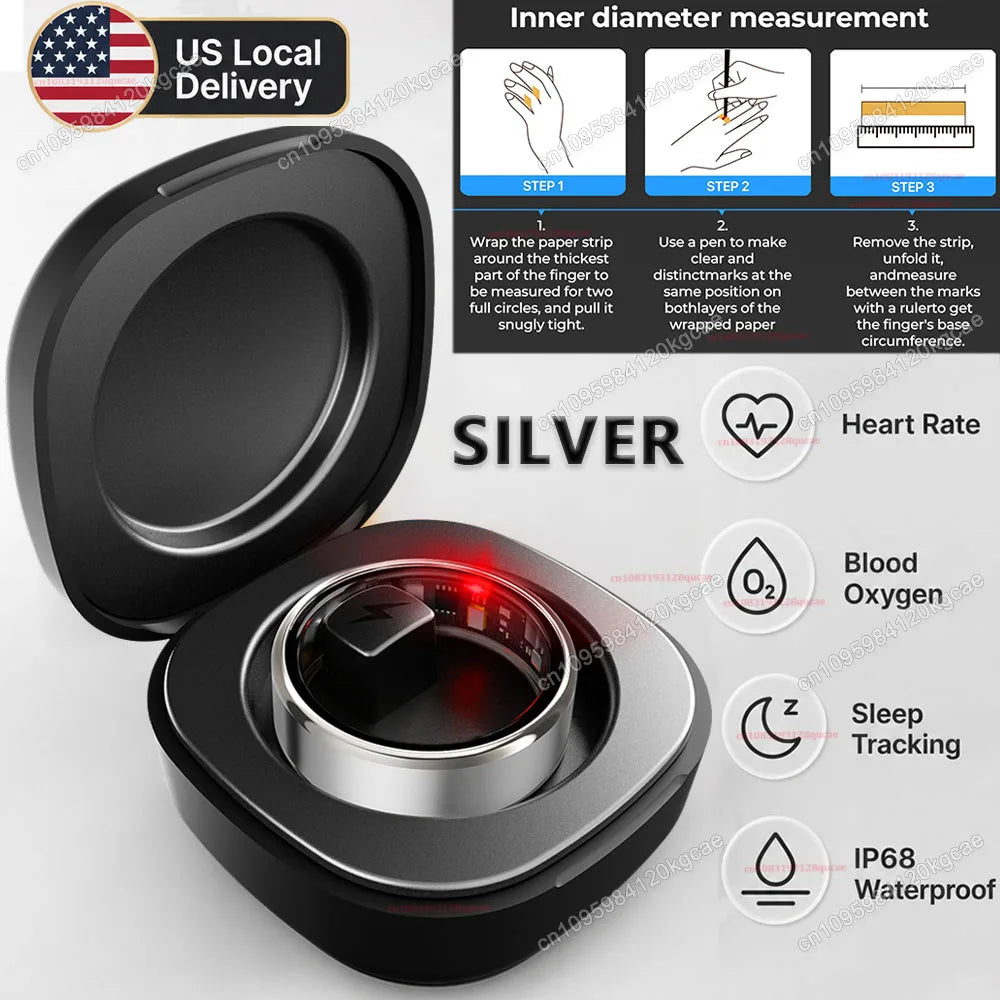 Smart Ring Health Tracker – Heart Rate & Blood Oxygen Monitor, Sleep Tracking Fitness Ring, Menstrual Cycle Tracker for Women, IP68 Waterproof, US Warehouse Fast Shipping