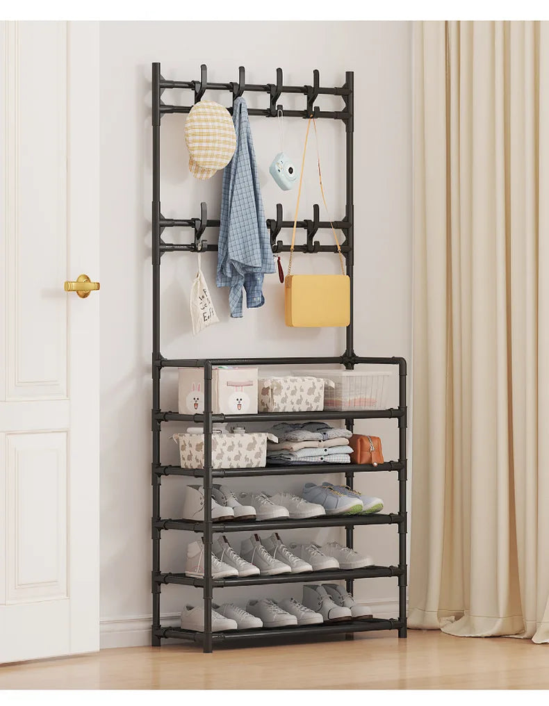Metal Coat And Shoe Rack With Hooks, 5-Tier Organizer