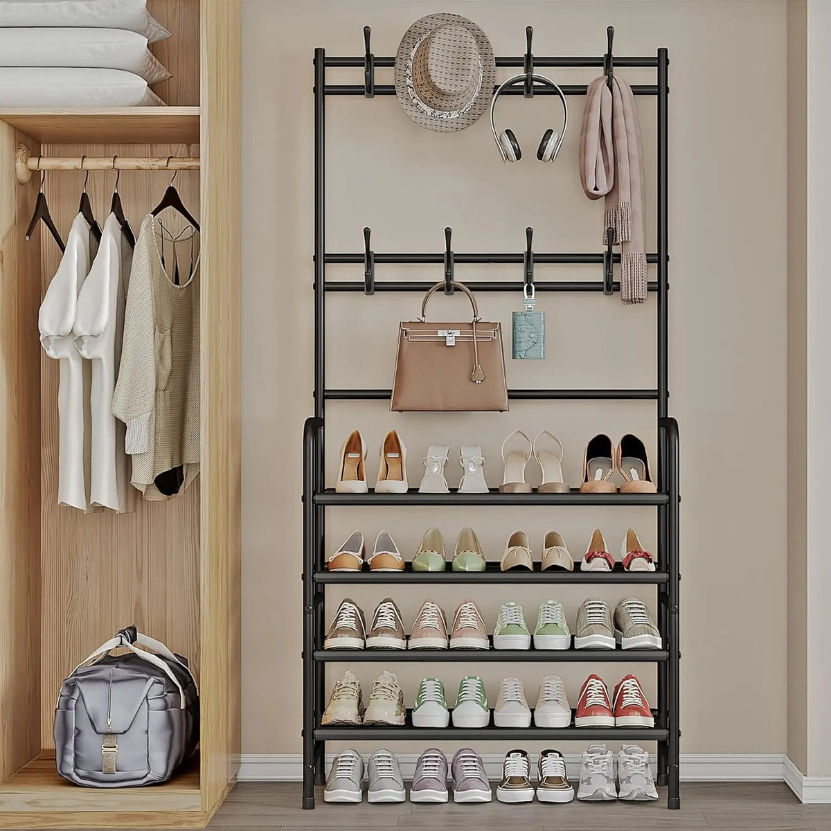 Metal Coat And Shoe Rack With Hooks, 5-Tier Organizer