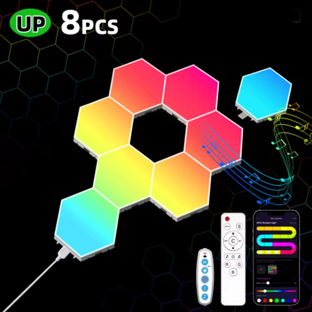 3/8/12/20pcs Smart Color RGB Hexagonal Panel APP/remote Control Dual, USB Power Supply, Music Rhythm DIY for  Room Atmosphere