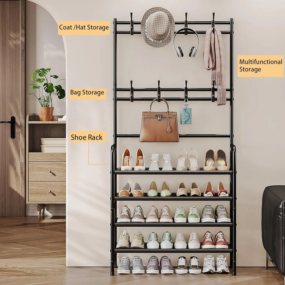 Metal Coat And Shoe Rack With Hooks, 5-Tier Organizer
