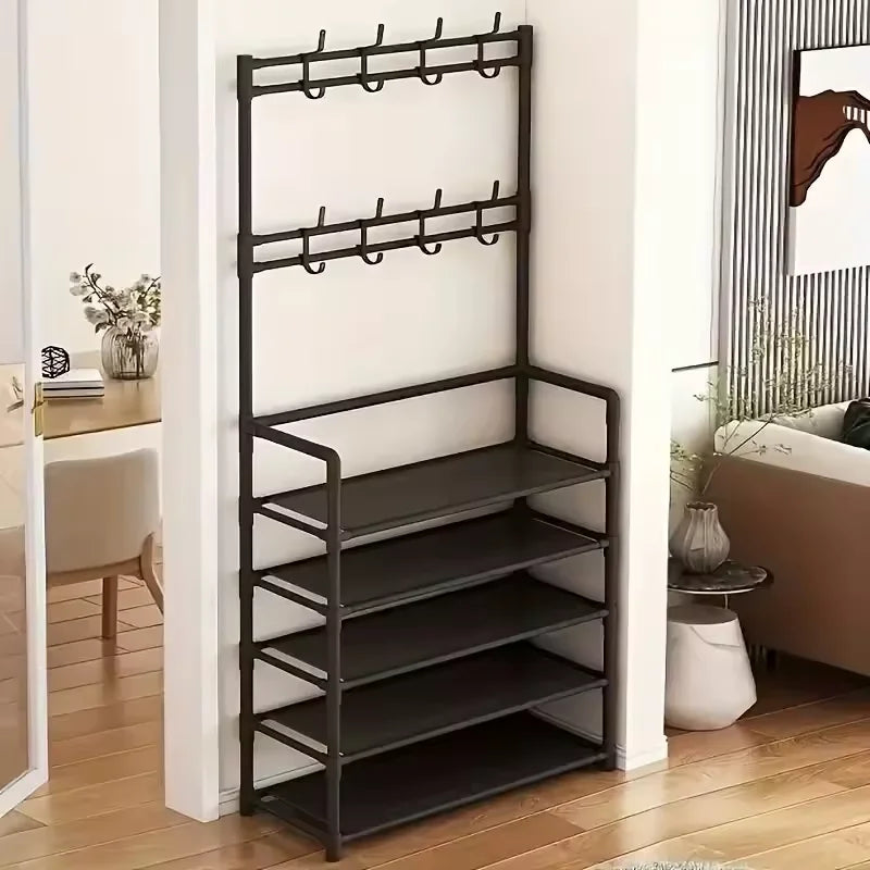 Metal Coat And Shoe Rack With Hooks, 5-Tier Organizer