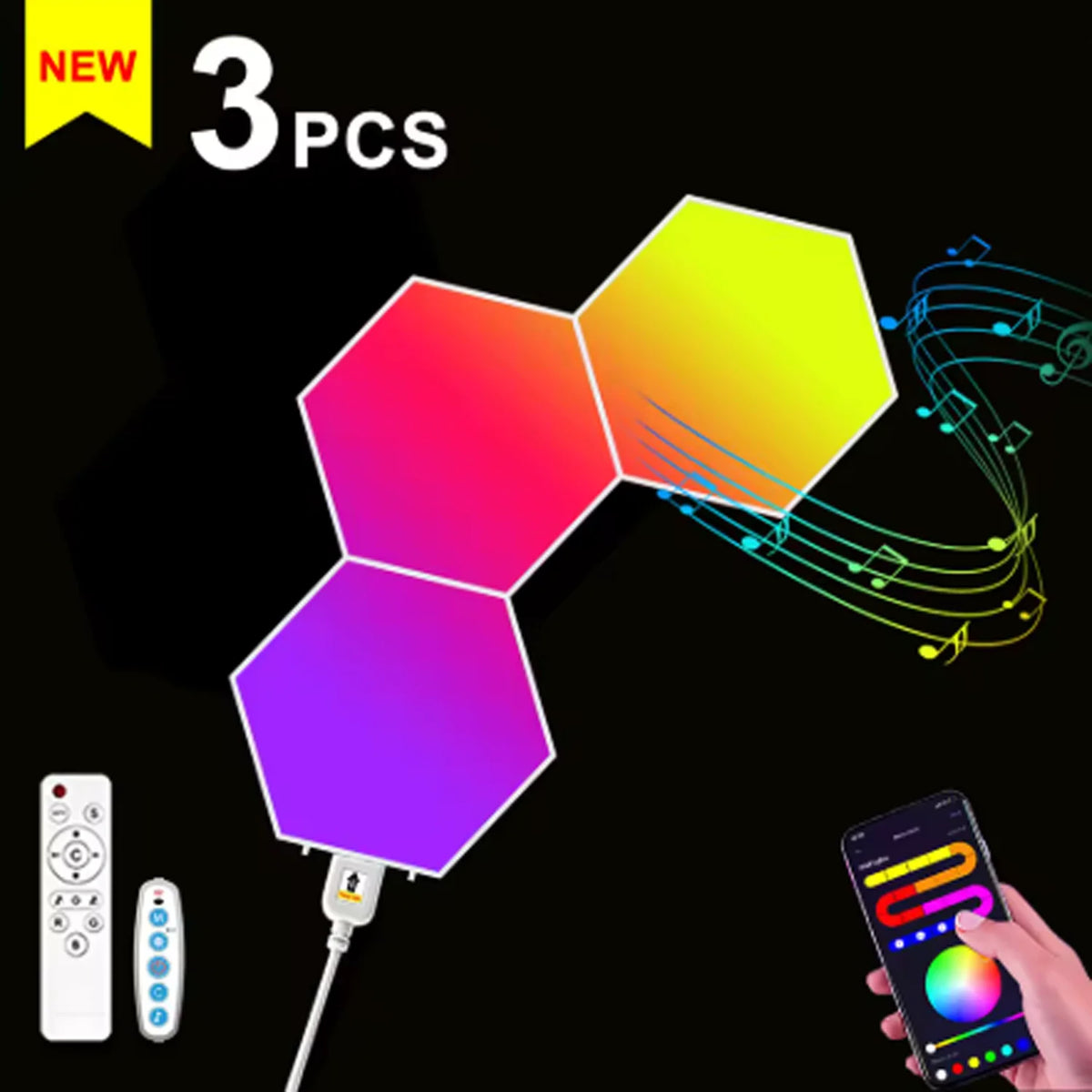 3/8/12/20pcs Smart Color RGB Hexagonal Panel APP/remote Control Dual, USB Power Supply, Music Rhythm DIY for  Room Atmosphere