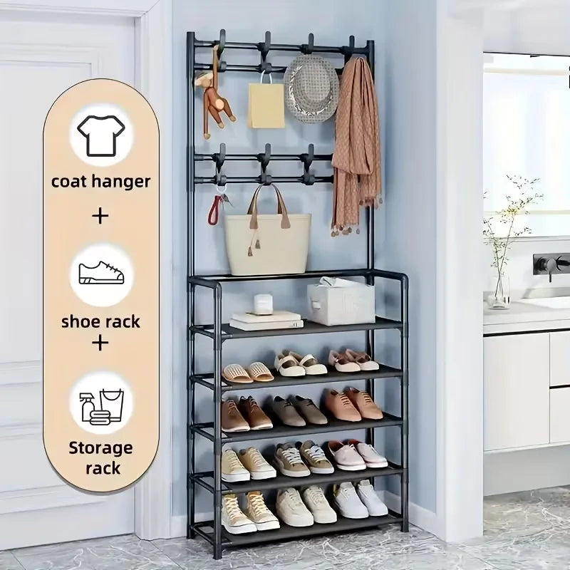Metal Coat And Shoe Rack With Hooks, 5-Tier Organizer