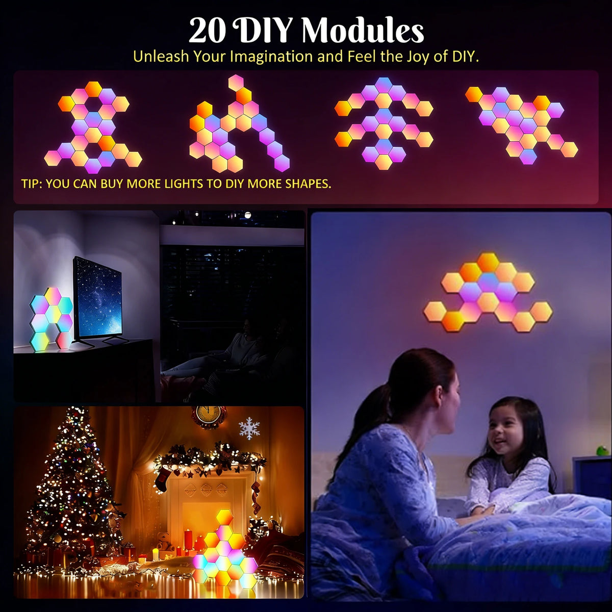 3/8/12/20pcs Smart Color RGB Hexagonal Panel APP/remote Control Dual, USB Power Supply, Music Rhythm DIY for  Room Atmosphere