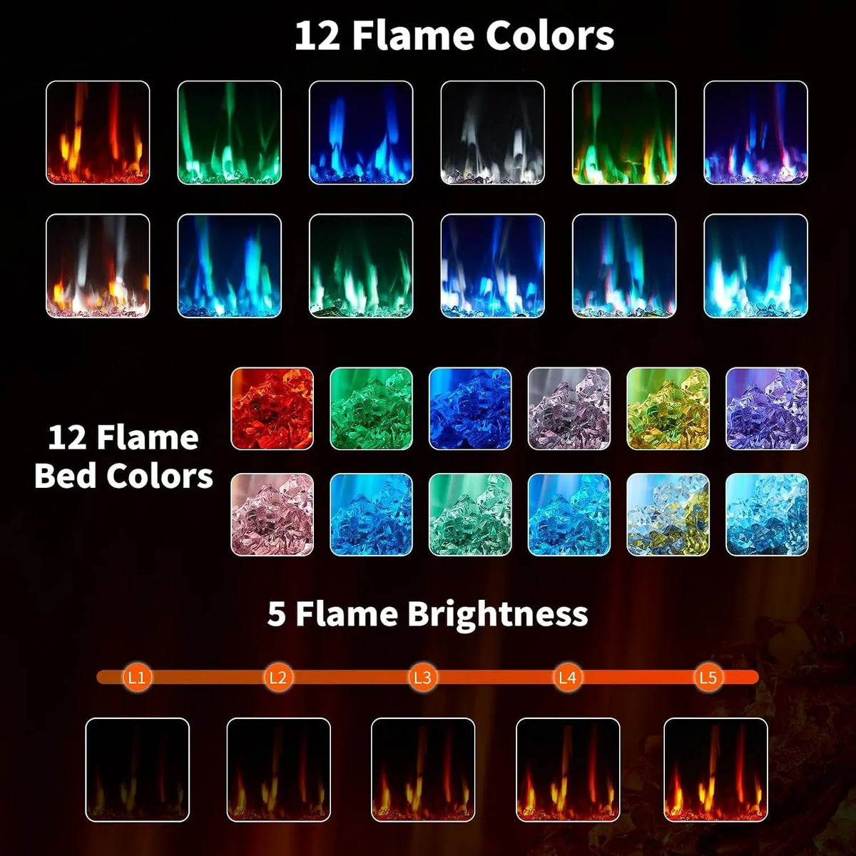 60 Inch Electric Fireplace Recessed Wall Mounted Linear Fireplace Heater with Log Crystal Inserts 12 Flame Colors Adjustable Speed Brightness 750 1500W Heats 400 Sq Ft Remote Control Touch Screen Built in Timer Low Noise for
