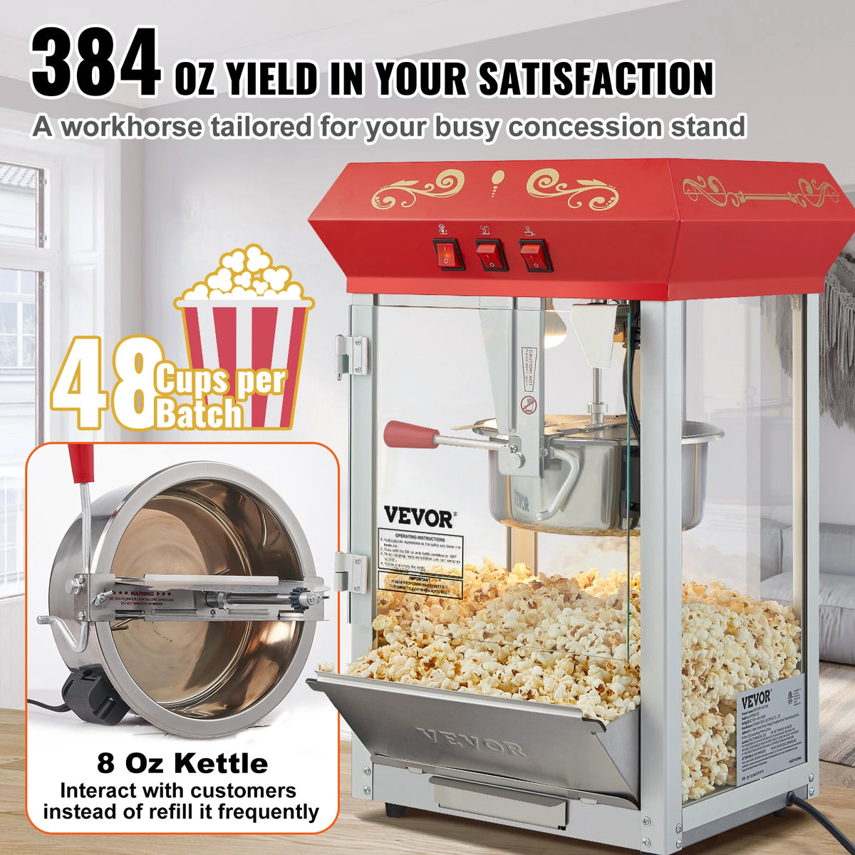 SucceBuy 8/12Oz Electric Popcorn Maker Commercial Popper Machine  Automatic Corn Cookware with Scoop Spoon SUS304 Heating Tube