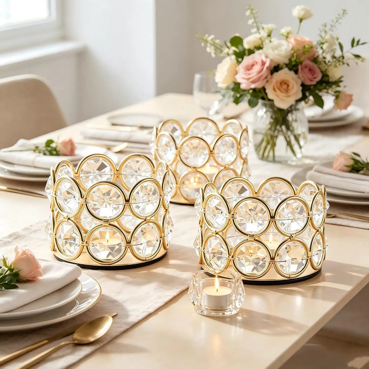 12 Pcs Gold Crystal Tea Light Candle Holders for Wedding Table Centerpieces Votive Candle Holders Set Bulk for Party Christmas Home Dining Decor