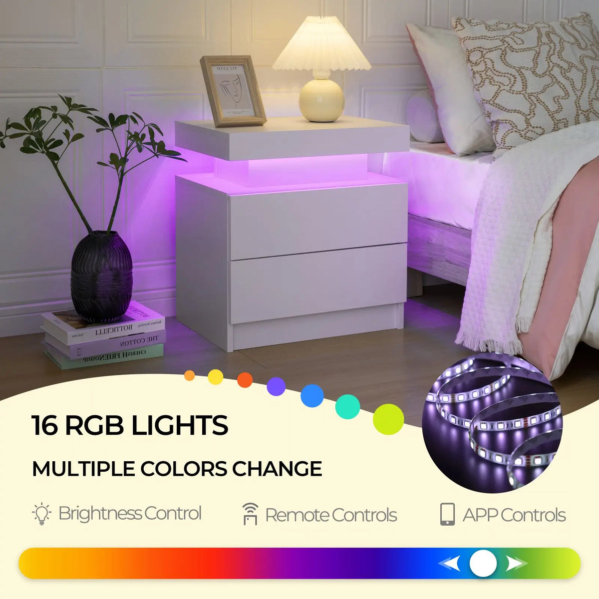 Cubehom LED Nightstands with 2 Drawers, End Table with RGB LED Lights for Bedroom Living Room, White Bedside Table