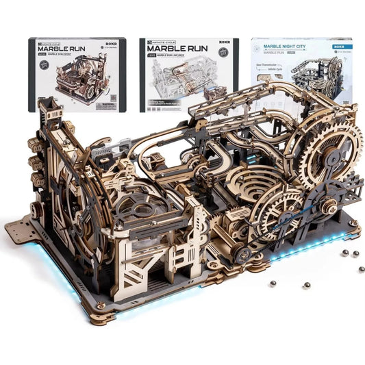 ROKR Wooden 3D Puzzle 3-in-1 Electric Wooden Pinball Track Marble Run Bundle Model Building Kit Brain Teasers Jigsaw Toys Birthday Gift for Adults Teens LGA01+LGC01+LG01