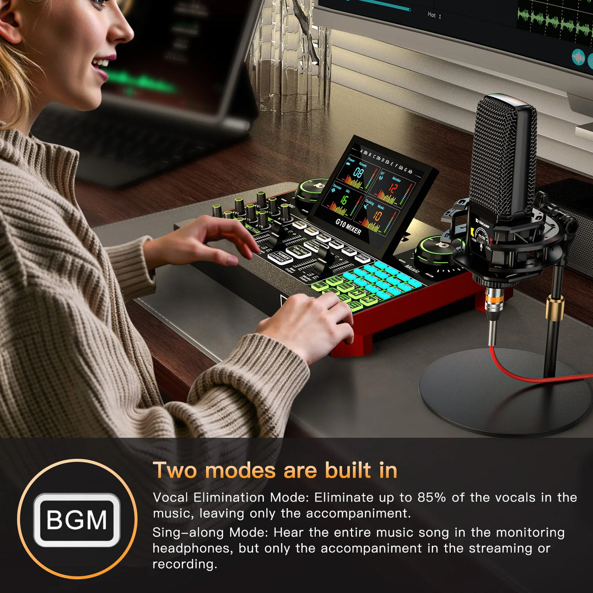 Tenlamp 6 Channel Live Sound Card Audio Mixer with 3.5mm Mic XLR Gaming Interface,  G10-PKPRO Podcast Equipment Bundle Kit RGB DJ Effects for PC Smartphone Laptop Singing Streaming Recording YouTube Vlog