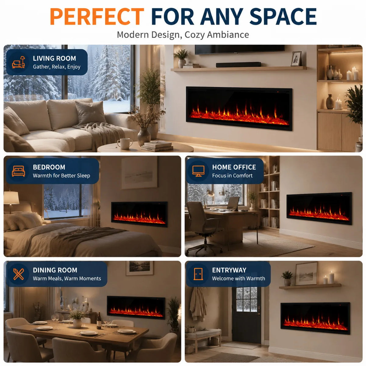 60 Inch Electric Fireplace Recessed Wall Mounted Linear Fireplace Heater with Log Crystal Inserts 12 Flame Colors Adjustable Speed Brightness 750 1500W Heats 400 Sq Ft Remote Control Touch Screen Built in Timer Low Noise for
