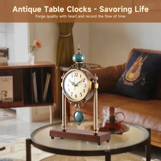 Vintage European Table Clock Retro Metal Pendulum Desk Clock Wooden Base Decorative Mantel Clock For Living Room Bedroom Home Office Decor