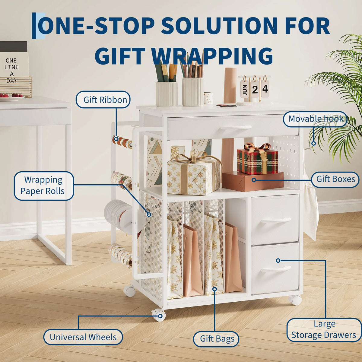 Wrapping Paper Storage Cart 3 Tier With 3 Fabric Drawers And Ribbon Spool Holder Mobile Gift Wrap Organizer Black White For Craft Room Closet