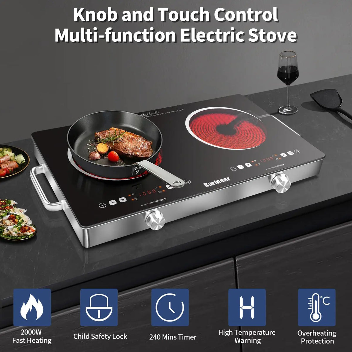 Karinear Dual Zone Ceramic Electric Hob With Safety Lock