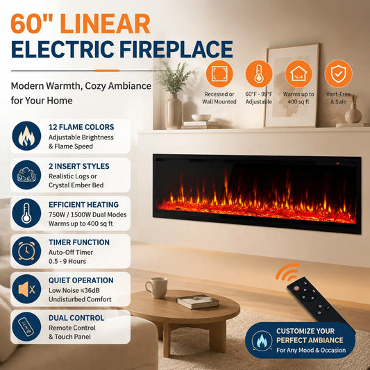 60 Inch Electric Fireplace Recessed Wall Mounted Linear Fireplace Heater with Log Crystal Inserts 12 Flame Colors Adjustable Speed Brightness 750 1500W Heats 400 Sq Ft Remote Control Touch Screen Built in Timer Low Noise for