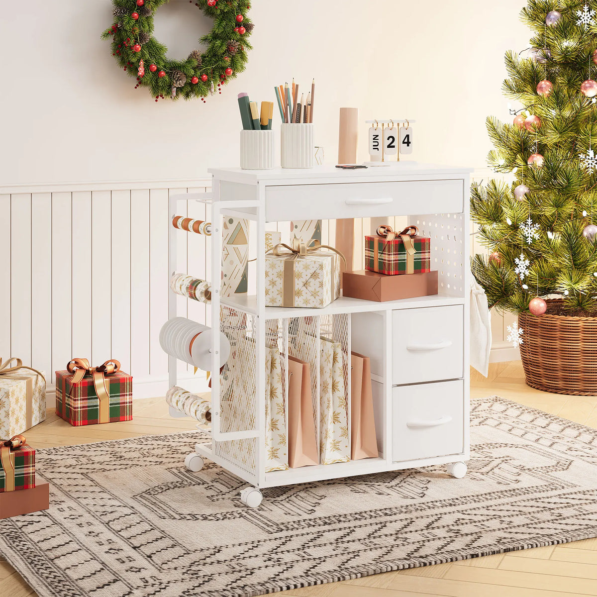 Wrapping Paper Storage Cart 3 Tier With 3 Fabric Drawers And Ribbon Spool Holder Mobile Gift Wrap Organizer Black White For Craft Room Closet