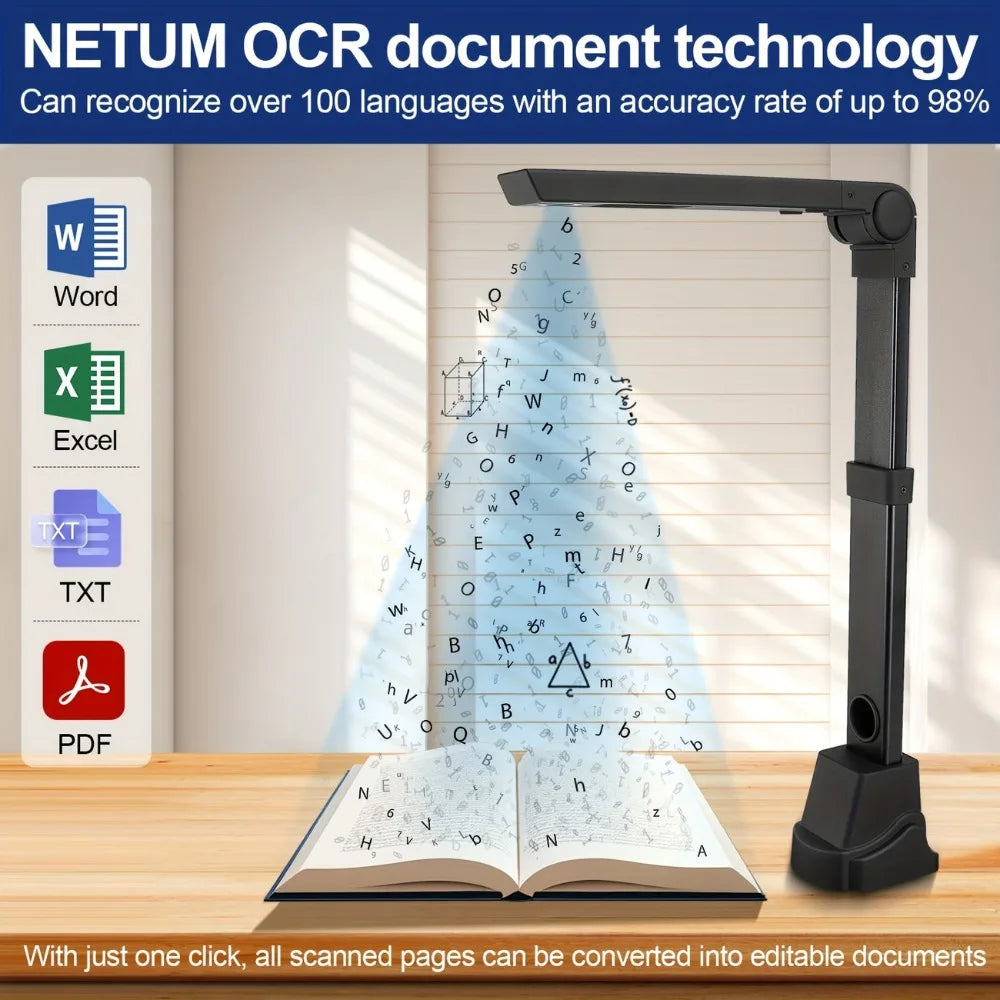 A4 Portable Document Scanning Camera, 16-megapixel book&Document scanne, with anti-tilt function and LED light,