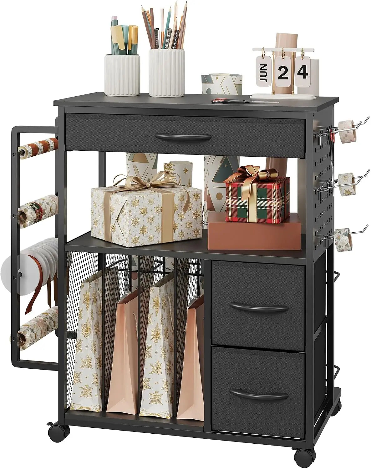Wrapping Paper Storage Cart 3 Tier With 3 Fabric Drawers And Ribbon Spool Holder Mobile Gift Wrap Organizer Black White For Craft Room Closet