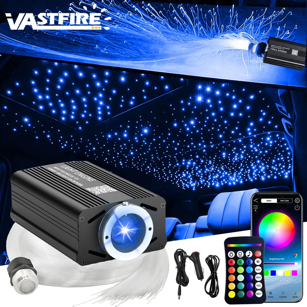 Starlight Car Floor Mat Set with RGB Lights, Multi-Color Starlight Effect, App-Controlled Anti-Slip Car Carpet for SUV, Truck, and Sedan, Black