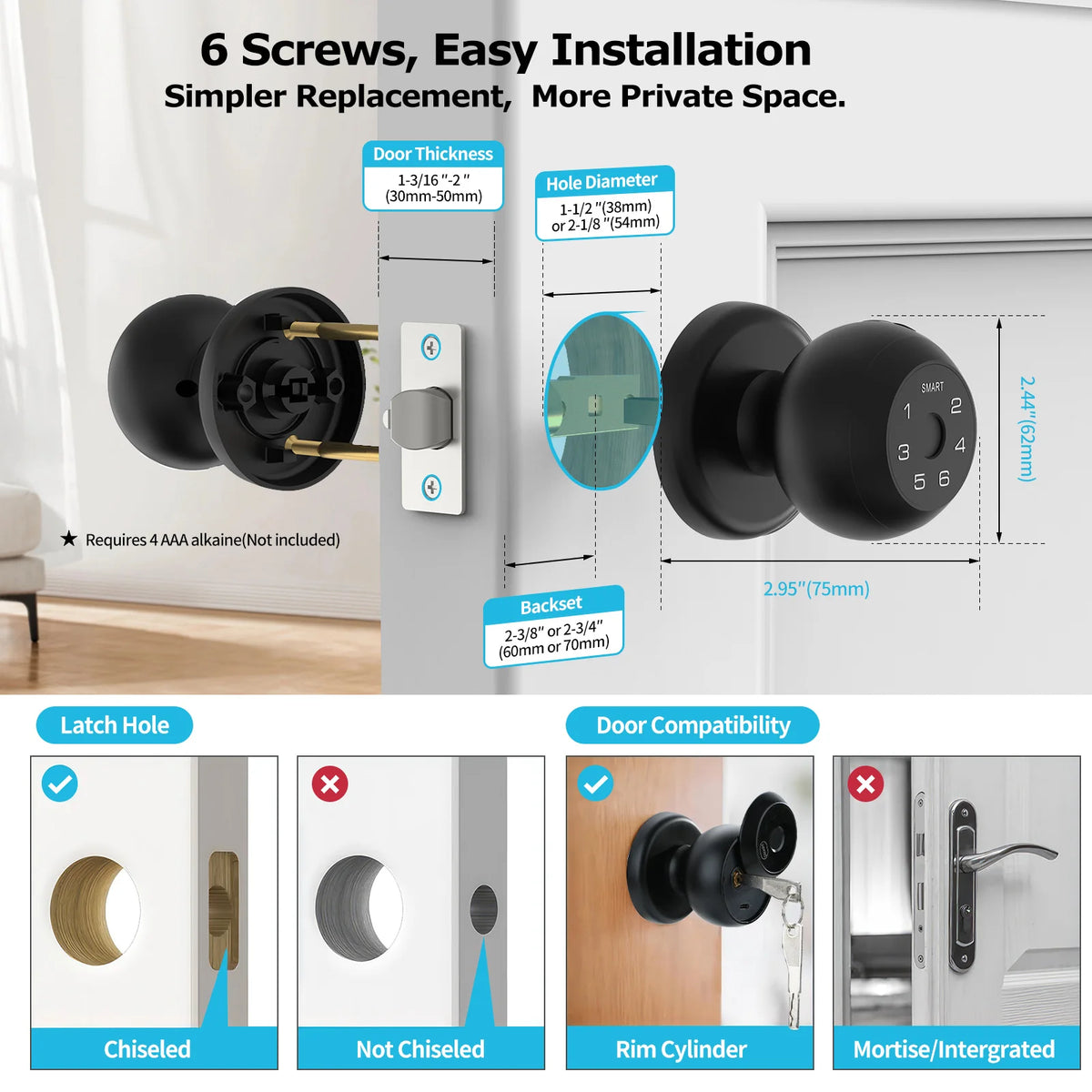 Viladepot Smart Lock Fingerprint, Passcode, App Control, Type-C Emergency Power, Indoor Door Lock