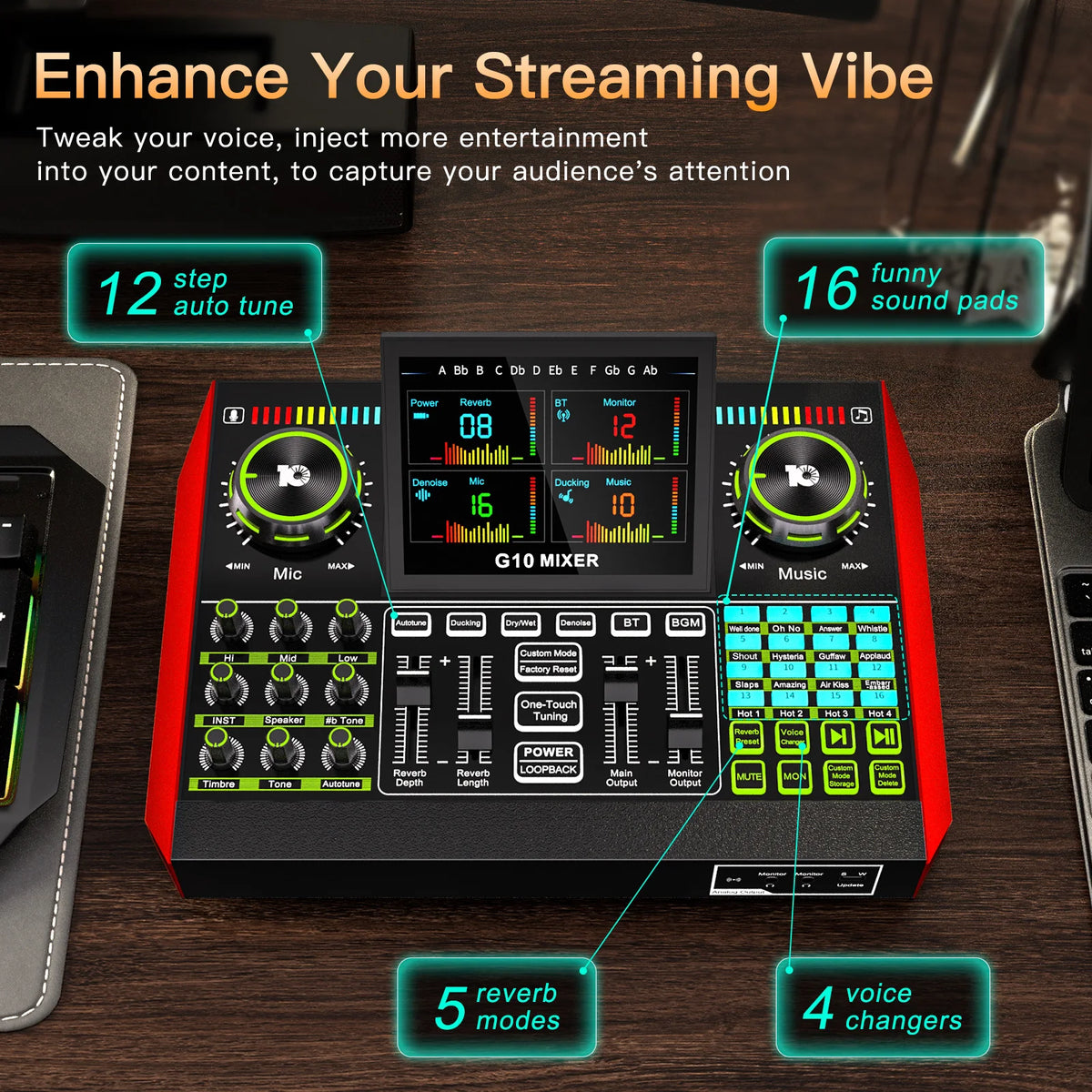 Tenlamp 6 Channel Live Sound Card Audio Mixer with 3.5mm Mic XLR Gaming Interface,  G10-PKPRO Podcast Equipment Bundle Kit RGB DJ Effects for PC Smartphone Laptop Singing Streaming Recording YouTube Vlog