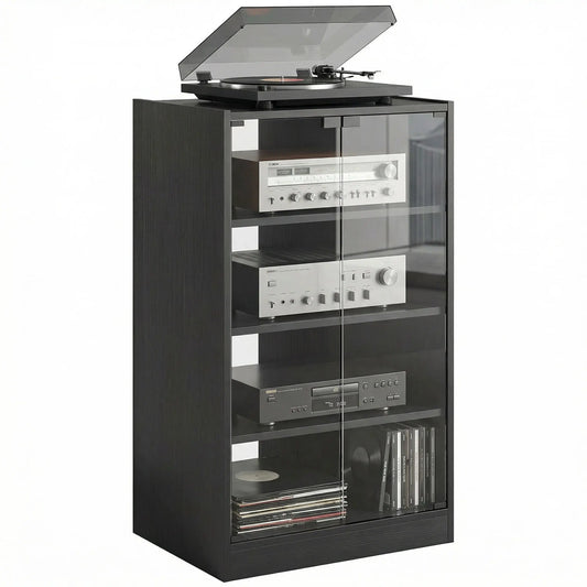 Homcom Media Cabinet, 4-Tier Stereo Cabinet for Vinyl Record Player, Gaming Console, Av Record Player Stand with Adjustable Shelves, Push-To-Open Glass Doors and Cable Management, Distressed Black