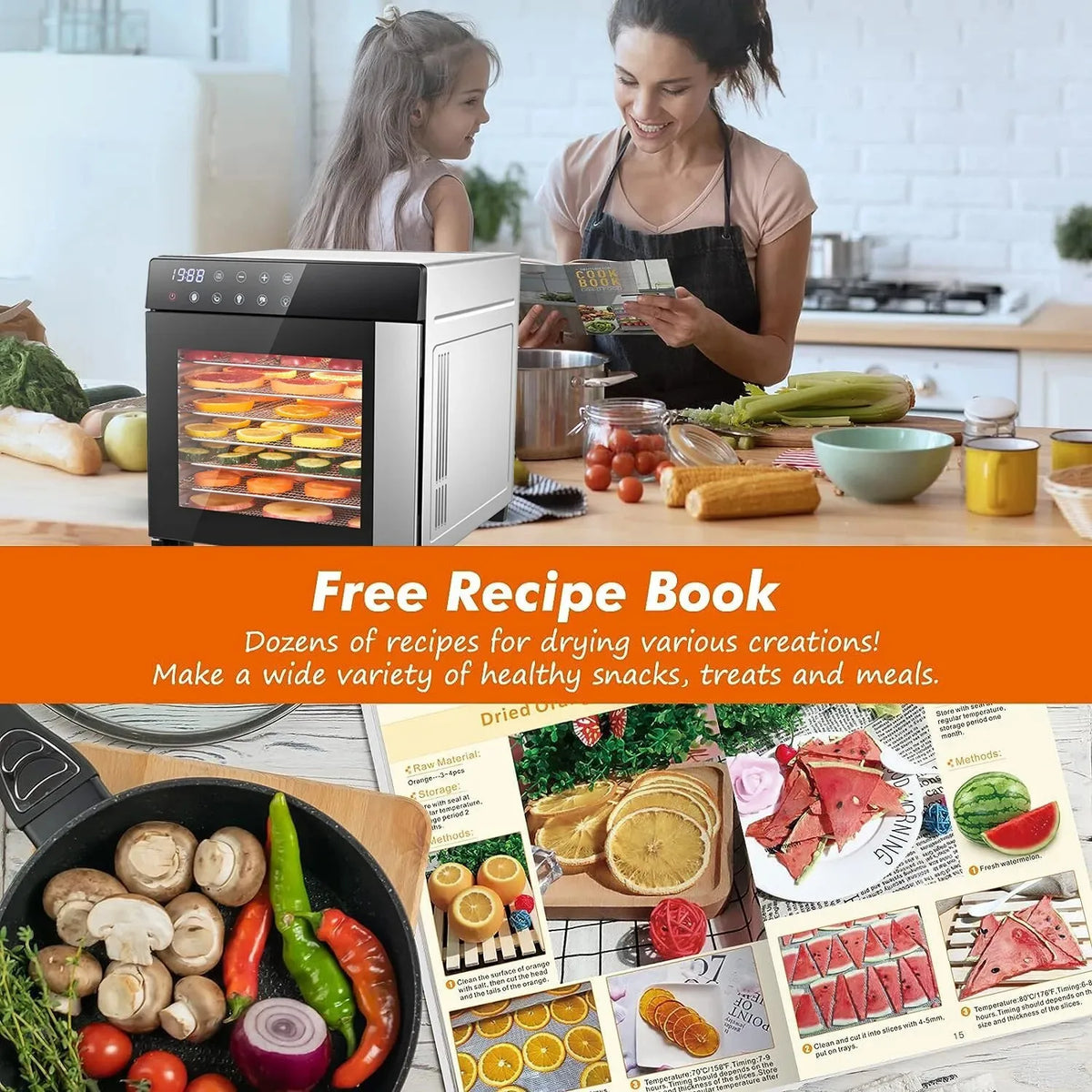 8-Tray Stainless Steel,600W with 4 Presets & Digital Timer for Jerky, Fruit, Herbs - Dishwasher Safe, BPA Free Food Dehydrator