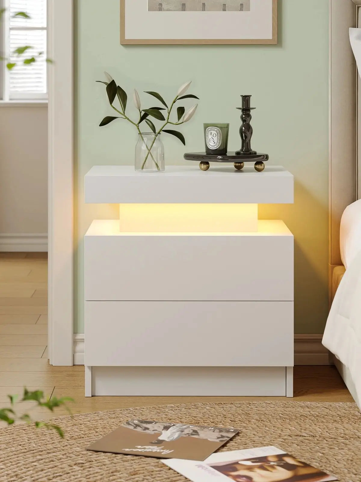 Cubehom LED Nightstands with 2 Drawers, End Table with RGB LED Lights for Bedroom Living Room, White Bedside Table