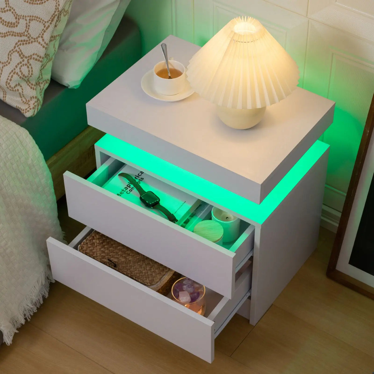 Cubehom LED Nightstands with 2 Drawers, End Table with RGB LED Lights for Bedroom Living Room, White Bedside Table