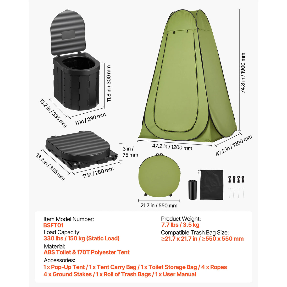 VEVOR Portable Toilet Kit 330 lbs Load Capacity with Pop-Up Tent Outdoor Travel Potty Suitable for RV Travel Camping Hiking