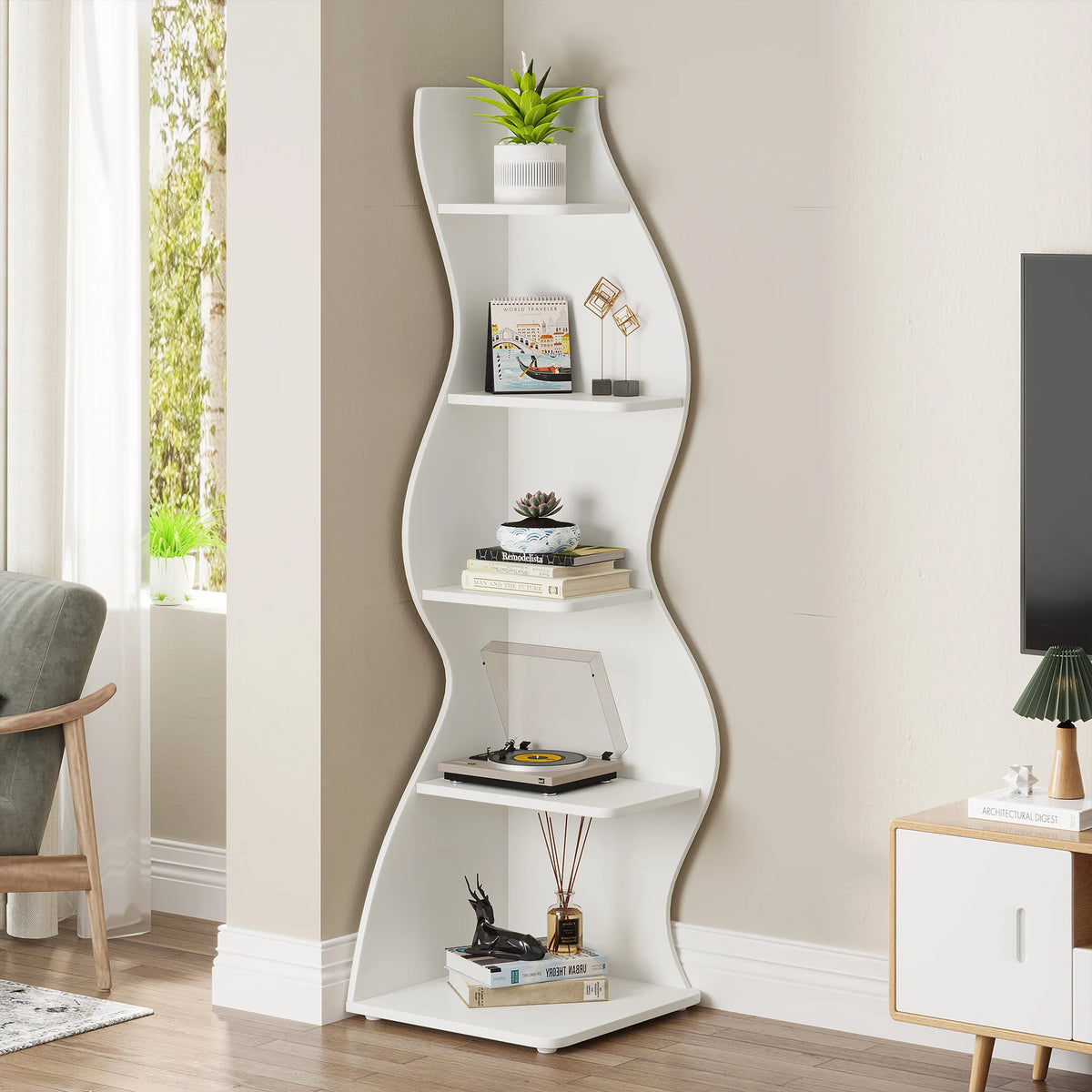 Tribesigns Modern Corner Bookshelf and Plant Stand